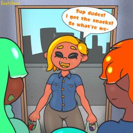 1girls 2d 2d_(artwork) 3boys andy_(lastabond) artist_name bangs bangs_over_eyes blush clothed dark-skinned_female dark-skinned_male dark_skin english_text fangs female freckles freckles_on_face green_hair happy inkling inkling_boy jellyfish_(splatoon) lastabond male octoling octoling_girl shiny_hair smile splatoon tentacle tentacle_hair text yellow_hair