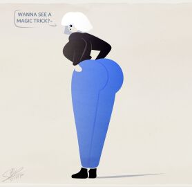 1girls artist_signature ass big_ass big_breasts big_butt breasts dialogue english_text eyeliner female half-closed_eyes hands_on_hips hi_res jeans lineless long_legs looking_back minimalist mob_face original rear_view silvy_(sparks_spectrum) simple_background sparks_spectrum sweater white_hair