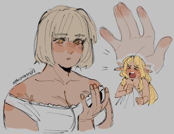 2girls after_fingering after_sex artist_name blonde_hair blush breasts chibi cleavage closed_eyes clothed_female_nude_female color completely_nude covering_breasts delicious_in_dungeon dungeon_meshi elf_ears elf_female embarrassed eyebrows_visible_through_hair eyes_visible_through_hair falin_touden fanon_couple female flustered full-face_blush grey_background half-elf humor implied_fingering in_bed lighting long_hair looking_at_hand marcille_donato motion_lines pointy_ears romantic_couple shoulder_blush strawderryst under_covers watermark wholesome wrinkles yellow_eyes yuri