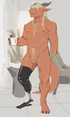 1_missing_limb amputee anthro balls blonde_hair body_hair chair chest_hair container cup detailed_background disability dragon eumecesemeatttt front_view furniture genitals hair hi_res holding_container holding_cup holding_object horn male male_anthro missing_hand mythological_creature mythological_scalie mythology nipple_piercing nipples nude_anthro nude_male penectomized penectomy_scar piercing plant prosthetic prosthetic_leg prosthetic_limb red_body scalie scar solo standing urethra