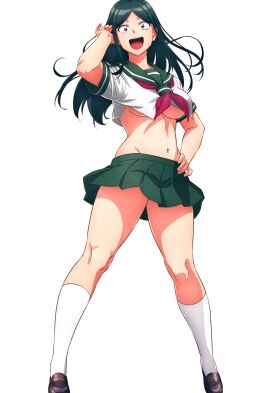 1girls breasts cropped_shirt female green_hair green_sailor_collar green_serafuku green_skirt hand_in_own_hair hand_on_own_hip highres large_breasts long_hair looking_at_viewer lv1_maou_to_one_room_yuusha maou_(lv1_maou_to_one_room_yuusha) miniskirt navel neckerchief open_mouth pleated_skirt red_eyes red_neckerchief sailor_collar school_uniform serafuku short_sleeves simple_background skirt solo standing thighhighs thighs underboob watanabe_yoshihiro white_background white_thighhighs