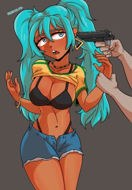 big_breasts big_tits black_bra black_panties blue_eyes blue_hair bracelet brazilian brazilian_female brazilian_miku breasts dark-skinned_female dark_skin earrings female gun gun_to_head hand_on_wrist hatsune_miku imminent_death imminent_rape latina light-skinned_male light_skin male necklace rattminded shirt_up short_shorts tan_skin tan_skinned_female text vocaloid