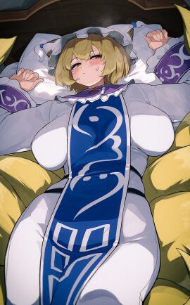 1girls animal_ears blonde_hair blush breasts closed_mouth commentary_request female fox_ears fox_girl fox_tail hat highres hizake kashu_(hizake) large_breasts long_sleeves looking_at_viewer lying mob_cap multi_tail on_back pillow plump ran_yakumo short_hair solo tabard tail tails touhou white_hat yakumo_ran yellow_eyes
