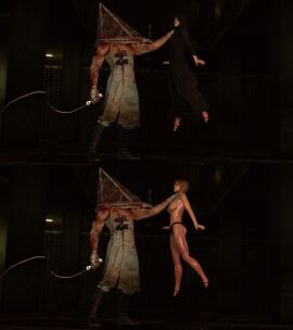 1boy 1boy1girl 1girls about_to_be_raped before_and_after big_breasts blonde_hair cheryl_mason cultist defeated dominant_male erect_nipples grabbing grabbing_throat heather_mason heels horror lifting_person muscular_male pyramid_head scelusnizer silent_hill silent_hill_3 strangling stripped submissive_female sweating throat_grab tomboy wet whip