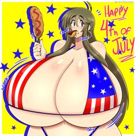1girls 4th_of_july american_flag_bikini artist_name bikini breasts breasts_bigger_than_head brown-haired_female brown_hair brunette_hair cloe_(crysnickel) crysnickel eating eating_food female female_only freckles freckles_on_chest freckles_on_face freckles_on_shoulders light-skinned_female light_skin long-haired_female long_hair pale-skinned_female pale_skin signature sole_female swimsuit swimwear text
