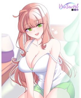 :d bedroom big_breasts breasts cleavage curtains curtains_open doki_doki_literature_club emerald_eyes female female_only green_eyes green_shorts hair_intakes happy lamp large_breasts light-skinned_female light_skin looking_at_viewer messy_hair monika_(doki_doki_literature_club) mouth_open nightstand red_hair redhead sitting sitting_on_bed smile smiling smiling_at_viewer solo strap_slip thick_thighs tongue upper_teeth vioswirl white_shirt white_tank_top