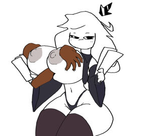 artist_request breasts dark-skinned_male dark_skin interracial male nipples no_mouth paizuri thighhighs titjob traced twitter_user_oc white_hair white_skin zedrin