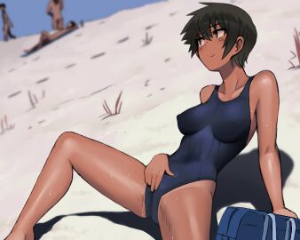 3others ambiguous_gender arm_support bag barefoot beach black_hair blush breasts casual casual_nudity closed_mouth collarbone commentary_request competition_swimsuit completely_nude covered_navel covered_nipples covering_crotch covering_privates dark_skin day exhibitionism exhibitionist feet female green_hair handbag highres kuronami_(lvi) looking_at_another lvi masturbation medium_breasts multiple_others nude nude_beach nude_female nudist nudist_beach one-piece_swimsuit original outdoors public public_indecency public_nudity school_swimsuit short_hair smile solo_focus spread_legs sweat swimsuit tan tanlines tomboy very_short_hair wet