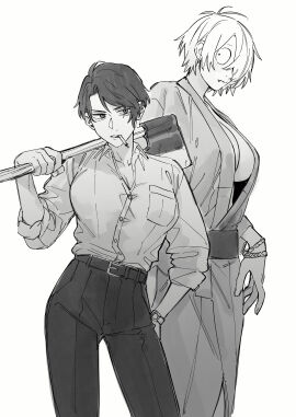 2girls axe big_breasts breasts business_attire business_woman cigarette cleavage cute_fang dress_shirt female female_only fully_clothed gegege_no_kitarou genderswap genderswap_(mtf) height_difference kimono kitarou_tanjou_gegege_no_nazo kngr_dappou looking_at_viewer medama_oyaji_(human) mizuki_(gegege_no_kitarou) monochrome no_bra office_lady rule_63 scar scar_across_eye short_hair sleeves_rolled_up smoking tomboy underboob very_short_hair weapon wide_hips