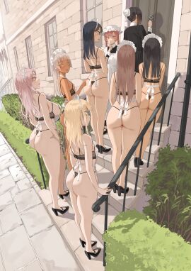 6+girls apron ass black_bra black_footwear black_hair black_panties blonde_hair blush bra braid breasts brown_eyes brown_hair cg dark-skinned_female dark_skin day full_body glasses green_eyes hair_bun high_heels holding large_breasts long_hair looking_at_another maid maid_apron maid_headdress medium_breasts multiple_girls open_mouth outdoors panties pink_hair red_eyes red_hair short_hair small_breasts smile stairs standing thong throtem underwear yellow_eyes