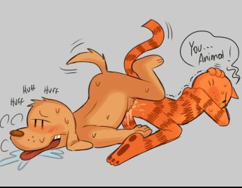 anal anal_sex anthro breath canid canine canis dialogue dog_man_(character) dog_man_(series) domestic_cat domestic_dog duo felid feline felis knotting_position lying male male/male mammal on_front orgasm panting penetration petey_the_cat