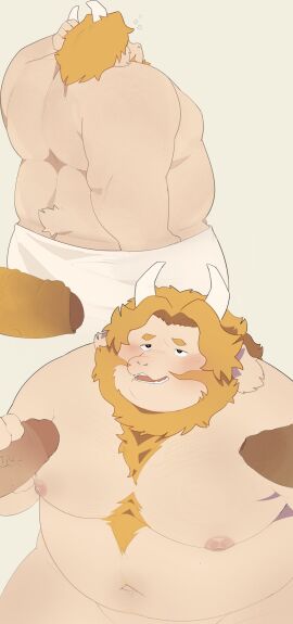 2024 anthro asgore_dreemurr beard belly big_belly boner bovid bovine caprine erection facial_hair genitals goat group haoming hi_res kemono male male/male male_only mammal mature_male moobs nipples overweight overweight_male penis simple_background solo_focus towel undertale undertale_(series)