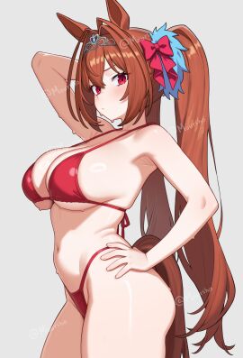 absurdres animal_ears arm_behind_head arm_up armpits artist_name bikini breasts brown_hair cleavage closed_mouth commentary commission crossed_bangs daiwa_scarlet_(umamusume) double-parted_bangs english_commentary female grey_background hair_between_eyes hair_intakes hand_on_own_hip highleg highleg_bikini highres horse_ears horse_girl horse_tail large_breasts long_hair looking_at_viewer moursho red_bikini red_eyes simple_background solo string_bikini swimsuit tail tiara twintails twitter_username umamusume very_long_hair watermark