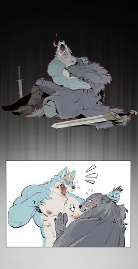 1500jiangbao 2024 abs angry anthro anthro_on_anthro areola armor bara biceps big_muscles bite bite_mark black_background blaidd_(elden_ring) blush bodily_fluids boots canid canine canis cape claws clothed clothing comic crying deltoids duo elden_ring emanata eyebrows fire footwear fromsoftware fur fur_grab hi_res hug huge_muscles humor kemono male male/male mammal melee_weapon multiple_scenes muscles muscular muscular_anthro muscular_male nipple_bite nipple_fetish nipple_play nipples open_mouth pec_bite pec_play pecs sad scar serratus shoes simple_background surprised_expression sword tears teeth tongue topless topless_anthro topless_male tuft weapon white_background wolf yaoi yelling