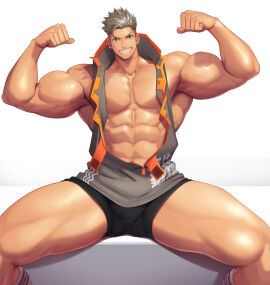 1boy abs armpits arms_up bara beard_stubble beefy biceps big_chest earrings hi_res looking_at_viewer male male_only meisho_hanten muscles muscular muscular_arms muscular_legs muscular_male muscular_thighs original original_character pecs short_hair shorts silver_hair simple_background sitting six_pack smile socks solo spread_legs tattoo tattoo_on_face tattoo_on_neck teal_eyes thick_arms thick_thighs tough_guy unzipped vein vest wide_shoulders yaoi