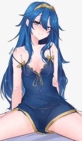1girls adapted_costume bare_shoulders blue_dress blue_eyes blue_hair blue_panties blush breasts closed_mouth collarbone dress female fire_emblem fire_emblem_awakening gold_trim grey_background hair_between_eyes highres long_hair looking_at_viewer lucina_(fire_emblem) nintendo panties see-through see-through_dress serafineart1001 short_dress sidelocks simple_background sitting sketch sleepwear small_breasts smile solo strap_slip symbol-shaped_pupils thighs tiara twitter_username underwear very_long_hair