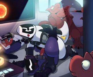 3_toes alien anthro anthro_on_anthro anthro_penetrated anthro_penetrating anthro_penetrating_anthro anvil_position armor balls being_watched biped boots claws clothed clothing detailed_background dinosaur disney dromaeosaurid erection extinct feet fingers footwear from_front_position gantu gay genitals glans gloves group group_sex hand_on_shoulder handjob handwear headgear helmet hi_res humanoid_genitalia humanoid_penis inside legs_up lilo_and_stitch looking_at_another looking_at_genitalia looking_at_penis lying male male/male male_penetrated male_penetrating male_penetrating_male on_back orgy penetration penile penis pinned_arms prehistoric_species purple_clothing red_body red_scales reptile scales scalie science_fiction sex space spacesuit standing star tail teeth theropod tight_clothing toes tongue united_galactic_federation_trooper visor white_clothing yellowluster