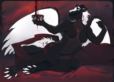 anthro bodily_fluids breasts casual_nudity claws container cup demonic_eyes diesel_wiesel dripping dripping_blood featureless_breasts female goblet hi_res holding_container holding_cup holding_object nude nude_anthro nude_female solo spread_wings unknown_species wings