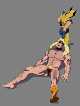 balls bara body_hair bulge costume facial_hair flaccid james_howlett lucianogiordanoart male male_only marvel marvel_comics muscles muscular penis ripped_clothing sabretooth victor_creed wolverine_(x-men) x-men yaoi