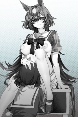 2girls absurdres animal_ears breasts clothes_lift desk female hair_between_eyes hand_on_another's_head highres horse_ears horse_girl horse_tail implied_cunnilingus leg_grab long_hair monochrome multiple_females multiple_girls nipples on_desk pussy pussy_juice ribbon school_uniform shirt_lift shoes short_hair simple_background sirius_symboli_(umamusume) smile sweat tail thighhighs tracen_school_uniform tuwu_(user_yvte3782) umamusume yuri