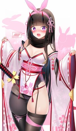 1girls black_hair blush detached_sleeves female hair_ribbon kunoichi long_hair nichita777 open_mouth original original_character purple_eyes rabbit_ears scarf thighhighs year_of_the_rabbit