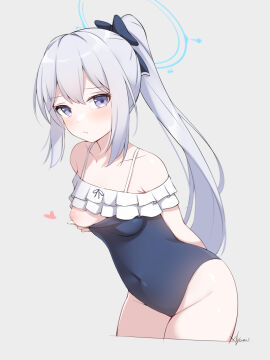 arm_behind_back artist_name bare_armpits bare_arms bare_breasts bare_chest bare_hands bare_hips bare_legs bare_nipples bare_shoulders bare_skin bare_thighs bikini black_bikini black_bow black_hair_ribbon black_one-piece_swimsuit black_ribbon black_swimsuit black_swimwear blue_archive blue_halo blue_one-piece_swimsuit blush blushing_at_viewer blushing_female bow breasts casual_one-piece_swimsuit collarbone covered_navel embarrassed embarrassed_female eyebrows_visible_through_hair female grey_background grey_hair groin hair_ribbon hairbow halo hand_behind_back hand_on_breast hand_on_chest hand_on_own_breast hand_on_own_chest inverted_nipples leaning_forward legs legs_together long_hair looking_at_viewer miyako_(blue_archive) miyako_(swimsuit)_(blue_archive) nipples official_alternate_costume one-piece_swimsuit one_breast_out ponytail purple-eyed_female purple_eyes ribbon sidelocks simple_background slender_body slender_waist slim_female slim_waist small_breasts solo swimsuit swimwear thighs thin_waist v-line white-haired_female white_eyebrows white_hair xlyami