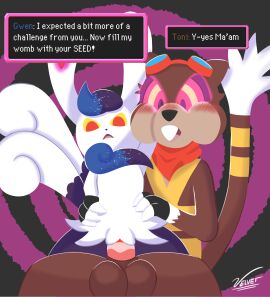 2024 animal_genitalia balls brown_body brown_fur dominant dominant_female duo english_text eyewear eyewear_on_head felid feline female feral fur generation_5_pokemon generation_6_pokemon genitals glowing glowing_eyes goggles goggles_on_head hi_res hypnosis impregnation_request leg_grab male male/female mammal meowstic mind_control nintendo penetration pokemon pokemon_(species) pussy questionable_consent rodent scarf sheath tail text thigh_grab vaginal_penetration velvetsc watchog white_body white_fur