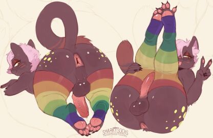 all_fours anthro anus ass ass_up balls big_ass big_butt black_body black_fur clothing domestic_cat eyelids feet felid feline felis femboy frenum_ladder frenum_piercing fur genital_piercing genitals gesture guiche_piercing hair hand_gesture humanoid_genitalia humanoid_penis iris_(inkaaay) ladder_piercing legs_up legwear lying male male_only mammal multicolored_clothing multicolored_legwear multicolored_stockings on_back pawpads penis penis_piercing perineum piercing pink_hair presenting presenting_hindquarters rainbow_clothing rainbow_legwear rainbow_stockings raised_tail sharkysocks solo solo_male stockings tail thigh_highs_only tongue tongue_out v_sign