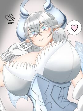 armored_dress big_breasts blush breasts closed_mouth demon demon_girl duel_monster earrings female gloves heart hi_res horns huge_breasts konami labrynth_of_the_silver_castle looking_at_viewer lovely_labrynth_of_the_silver_castle low-angle_view neckline pakupaku_(9fnfniz81owpbzp) silver_hair smile solo twintails white_hair yu-gi-oh!