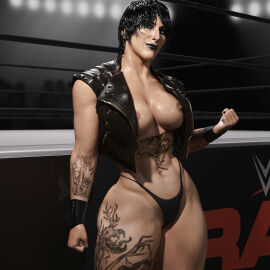 3d black_fingernails black_hair black_leather_jacket black_thong breasts breasts_out female highres makeup muscular muscular_female nipple_piercing nipples nose_piercing piercing posing rhea_ripley stage_lights sweaty_body tattoos tekonsfw wet_hair wrestler wrestling_ring wwe