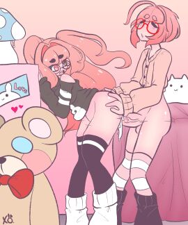 1boy 1girls against_wall bangs duo female femboy femboy_on_female glasses human hung_femboy hung_trap long_hair male pink_hair quietbunz round_glasses tagme