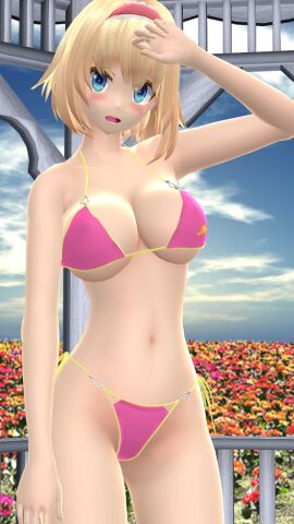 1girls 2024 3d alice_margatroid bikini blonde-haired_female blue_eyes blush clouds female flower_field hati_yukkuri_mmd headband human light-skinned_female light_skin mmd outside perfect_cherry_blossom pink_bikini sky solo_female solo_focus swimsuit touhou yellow_string_bikini