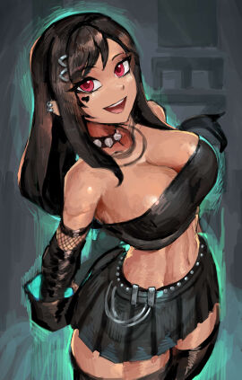 1girls big_breasts black_hair breasts cleavage clothed clothing collar female female_focus female_only final_fantasy fishnet_armwear fishnet_clothing fishnets goth goth_girl heart large_breasts looking_at_viewer midriff red_eyes saiykik skirt solo spiked_collar square_enix tagme thighhighs tifa_lockhart