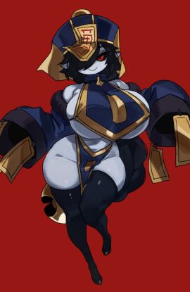 1girls big_breasts black_hair black_sclera black_thighhighs breasts chinese_clothes female female_only hair_over_one_eye hi_res jiangshi light-skinned_female light_skin looking_at_viewer mei_lan_(zanamaoria) ofuda ofuda_on_head original pale-skinned_female pale_skin qing_guanmao red_background red_eyes sideboob smiling smiling_at_viewer solo thick_thighs thighhighs undead underboob wide_hips wide_sleeves zanamaoria