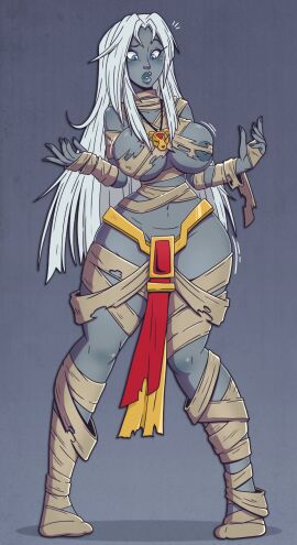 bandage bandages barely_covered barely_visible_nipples black_background blue_eyes breasts female female_only grey_body grey_skin long_hair mummies_alive mummy mummy_bandages mummy_girl mummy_wrappings naked naked_female nefer-tina nipples nude nude_female simple_background solo solo_female white_hair wide_hips wrenzephyr2