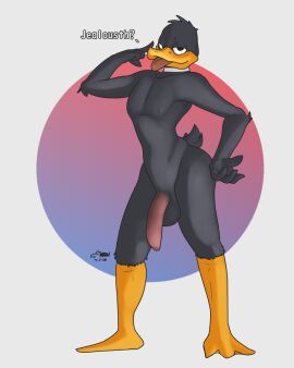 anatid anseriform anthro avian balls beak big_penis bird black_body cocked_hip daffy_duck digital_media_(artwork) duck feathers feet flaccid foreskin genitals hand_on_hip hi_res humanoid_genitalia humanoid_penis krowbutt long_penis looking_at_viewer looney_tunes male membrane_(anatomy) nude penis simple_background smile smiling_at_viewer solo standing tail tail_feathers talking_to_viewer toes tongue tongue_out uncircumcised warner_brothers webbed_feet