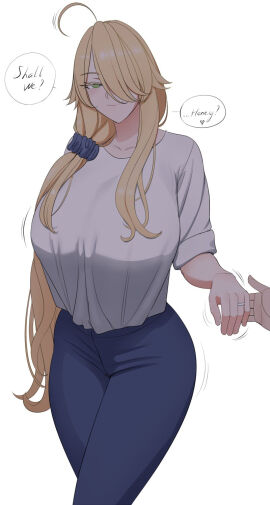 1boy 1girls 2024 ahoge alternate_costume artoria_pendragon artoria_pendragon_(lancer) big_breasts blonde_hair blush breasts english_text fate/grand_order fate_(series) female female_focus good_end green_eyes hair_over_one_eye hair_over_shoulder hair_scrunchie happy holding_hands hourglass_figure housewife husband_and_wife large_breasts long_hair looking_at_viewer love lvl_(sentrythe2310) male male/female mature_female pants ring simple_background smile solo_focus speech_bubble straight text very_long_hair wedding_ring white_background white_shirt wholesome wife