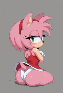 1girls amy_rose arms_crossed ass blush dress female furry gloves green_eyes hairband looking_at_viewer looking_back panties pink_fur sega sitting sonic_(series) sonic_the_hedgehog_(series) unknown_artist