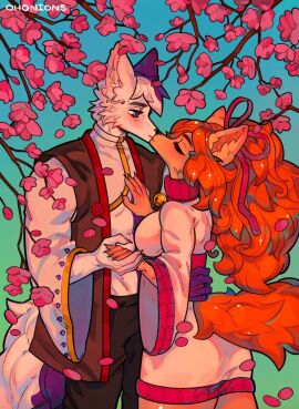 1boy 1girls anthro big_breasts boyfriend-girlfriend breasts ceroba_(undertale_yellow) ceroba_ketsukane closed_eyes clothed couple couple_(romantic) cute dress female female_focus fluffy fluffy_ears fluffy_tail fox fox_ears fox_girl fox_tail furry furry_only hand_on_chest hand_on_waist holding_hands kissing male male_focus ohonions original_character relationship romantic romantic_couple standing undertale_yellow waist waist_grab waist_length_hair