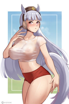 1girls :< animal_ears arms belly big_breasts blush breasts buruma cap collarbone cropped_shirt female female_only gold_ship_(umamusume) highres hioyami horse_ears kemonomimi large_breasts light-skinned_female light_skin looking_at_viewer looking_away navel nipples nipples_visible_through_clothing no_bra nose pink_eyes pout see-through see-through_clothing see-through_shirt shirt shorts solo standing stomach sweat sweatdrop sweating t-shirt tail thick_thighs thighs transparent_clothing umamusume waist white_hair white_shirt