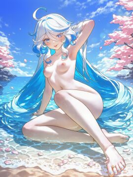:p absurd_res ahoge ai_generated anklet arm_behind_head arm_support arm_up armpits barefoot barefoot_sandals_(jewelry) beach blue_eyes blue_hair blue_nails blue_sky blush breasts caustics cherry_blossoms closed_mouth cloud collarbone colored_inner_hair completely_nude convenient_leg cowlick day drop-shaped_pupils eyelashes falling_petals feet female full_body furina_(genshin_impact) genshin_impact hair_between_eyes hand_in_own_hair heterochromia horizon jewelry knee_up knees_up legs light_blue_hair long_bangs long_hair looking_at_viewer medium_breasts ministro mismatched_pupils multicolored_hair nail_polish navel nipples nude ocean on_ground orange_nails outdoors partially_submerged petals petals_on_liquid pink_flower presenting_armpit ring sand shallow_water shore sidelocks sitting sky small_breasts smile solo stomach streaked_hair swept_bangs thighs toe_ring toenail_polish toenails toes tongue tongue_out tree two-tone_hair very_long_hair water wavy_hair wet white_hair yokozuwari
