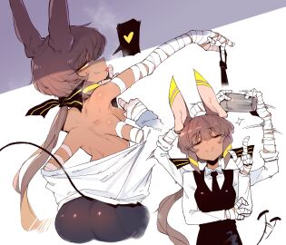 1girls 4_arms animal_ears ass at_work back_view bandage bandaged_arm bandaged_hands barman bartender black_necktie breasts dark_skin demon_tail female female_only formal hairbow heart karasu_raven medium_breasts monster monster_girl multi_arm multi_limb multiple_views necktie original playful ponytail small_breasts smirk solo tail undressing unworn_necktie yellow_eyes