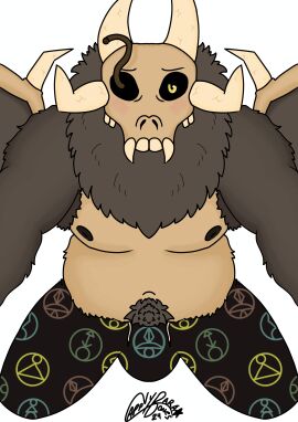 1boy absurd_res almost_naked anthro armpit_hair belly black_nipples body_hair bulge capybarabones_(artist) disney fluffy fluffy_belly fluffy_chest grey_body grey_fur hi_res horns looking_at_viewer male male_focus male_only nearly_nude nipples pajama_pants pajamas papa_titan_(the_owl_house) pubic_hair skull skull_head slightly_blushing slightly_chubby slightly_chubby_male solo solo_male teeth teeth_visible the_owl_house wings