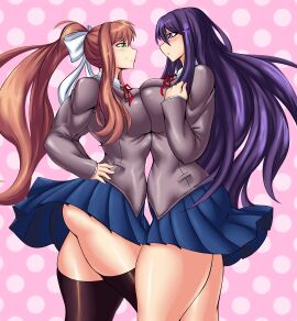 2girls big_breasts breasts breasts_bigger_than_head breasts_pressed breasts_pressed_against_another brown_hair doki_doki_literature_club face_to_face female green_eyes huge_breasts kailyn kreativekailyn monika_(doki_doki_literature_club) purple_eyes purple_hair school_uniform simple_background staredown thick_thighs upskirt yuri_(doki_doki_literature_club)
