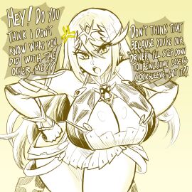 angry big_breasts cleavage dialogue huge_breasts leaning_forward long_hair mythra_(xenoblade) sketch text vkid xenoblade_(series) xenoblade_chronicles_2
