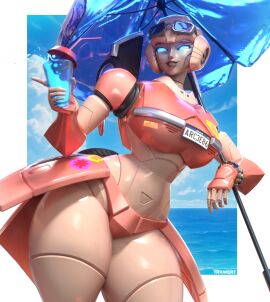 1girls 3d arcee arcee_(g1) artist_name beach blue_eyes brazilian_arcee_(freakyyto) curvy drink female female_only looking_at_viewer mechanical metallic_body panties pink_panties robot robot_girl robot_humanoid smile sunglasses sunglasses_on_head thick_thighs transformers transformers_g1 trawert umbrella