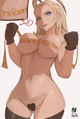 1girls alternate_breast_size big_breasts blonde_hair blue_eyes breast_size breasts cup_size female hips huge_breasts kingdom_hearts larxene light-skinned_female light_skin long_hair maebari measurements measuring measuring_breasts measuring_tape miraihikari text thick_thighs thighs wide_hips