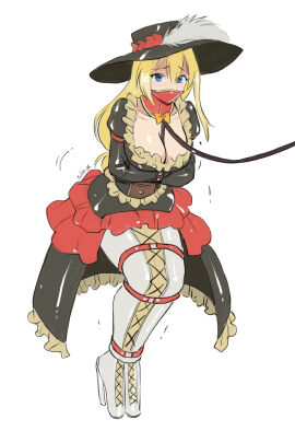 1girls armbinder ballet_boots big_breasts bondage breasts cleavage darkness_(konosuba) dress eudetenis female female_only gag gagged hat heel_boots hopping kono_subarashii_sekai_ni_shukufuku_wo! latex latex_clothing latex_dress leash leash_pull leashed legbinder mouth_corset muzzle_gag neck_corset posture_collar