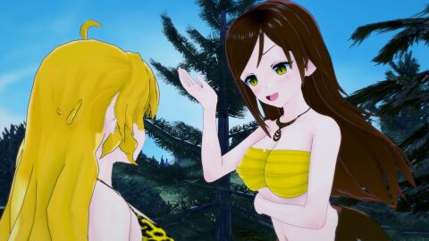 3d bikini blonde_hair breasts brown_hair eyes_crossed female hypnosis kaa_eyes koikatsu lamia large_breasts leopard_print long_hair mind_control monster monster_girl mrkoiru naga open_mouth original original_character outdoors pale_skin resisting rwby smile the_jungle_book weak_resistance yang_xiao_long yellow_eyes