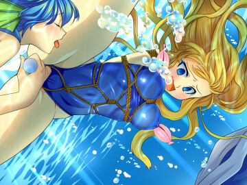 2girls air_bubble asphyxiation bondage bound breasts breath bubble closed_eyes crotch_rope drowning female female_focus holding_breath merfolk mermaid monster_girl multiple_females multiple_girls nipples open_mouth original peril rope sweetsprite swimsuit underwater yuri